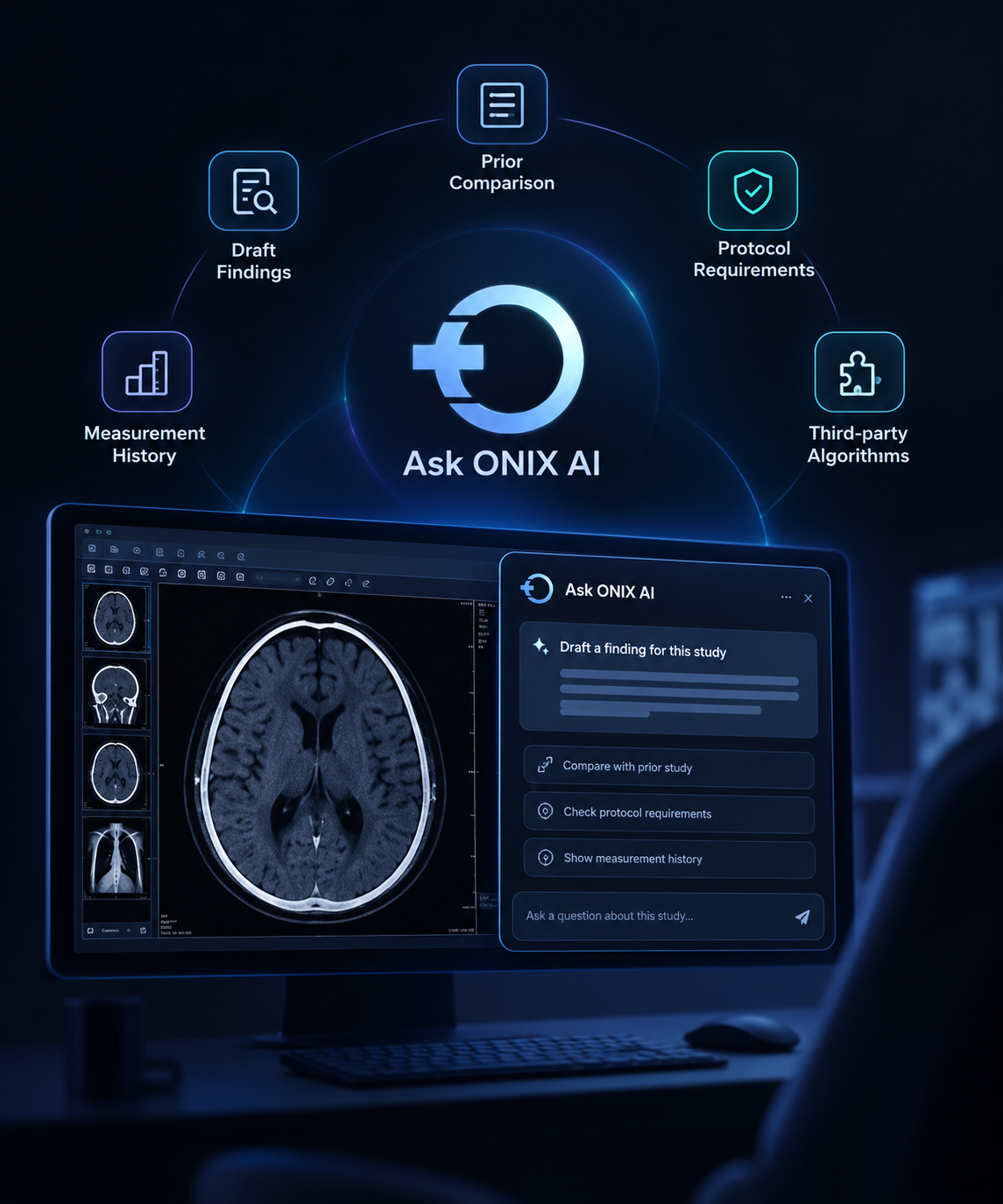 Ask ONIX AI drafting a finding, comparing priors, and checking protocol requirements inside the viewer